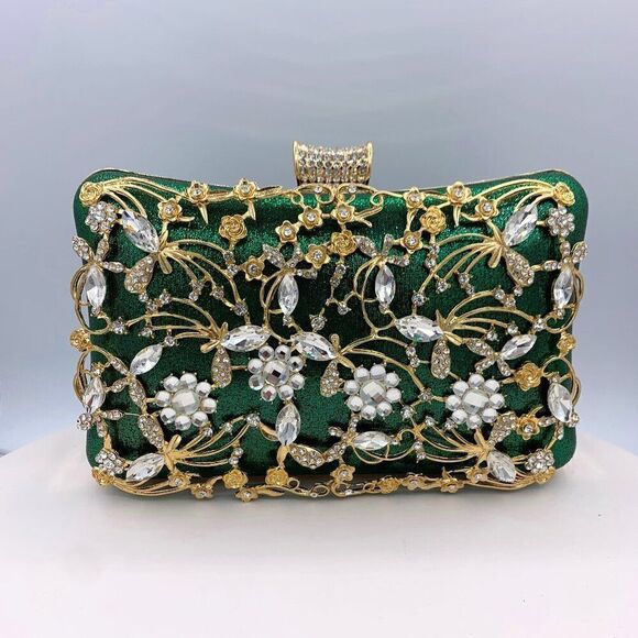 Purse/clutch/bag, deep emerald green, gold metal with crystals, hand or shoulder - Picture 1 of 16